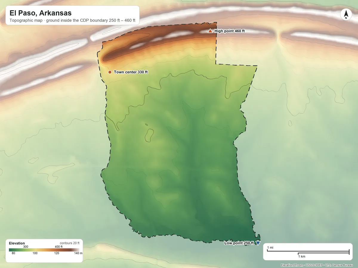 Topographic elevation map of El Paso, Arkansas, shaded from 250 ft on the southeast side to 460 ft on the east side