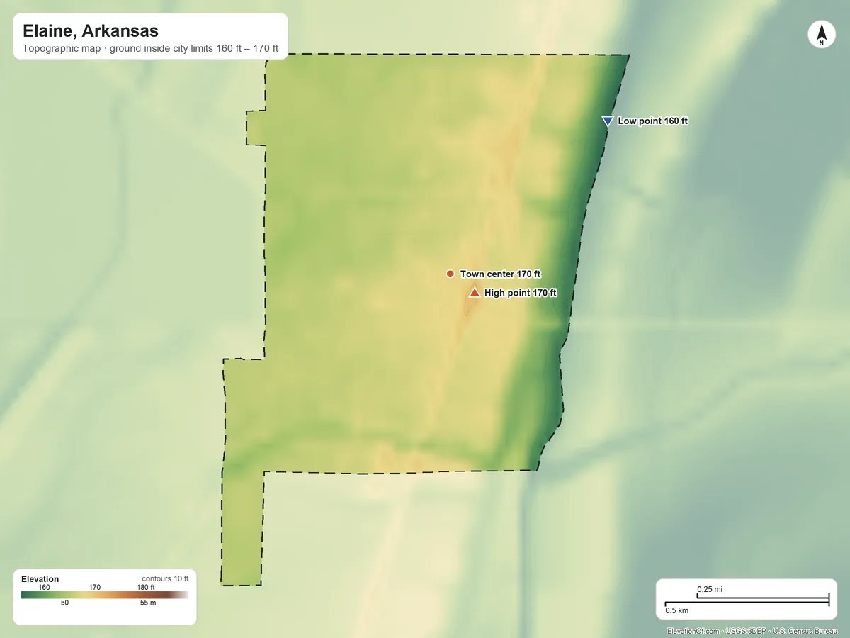 Topographic elevation map of Elaine, Arkansas, shaded from 160 ft on the northeast side to 170 ft near the middle