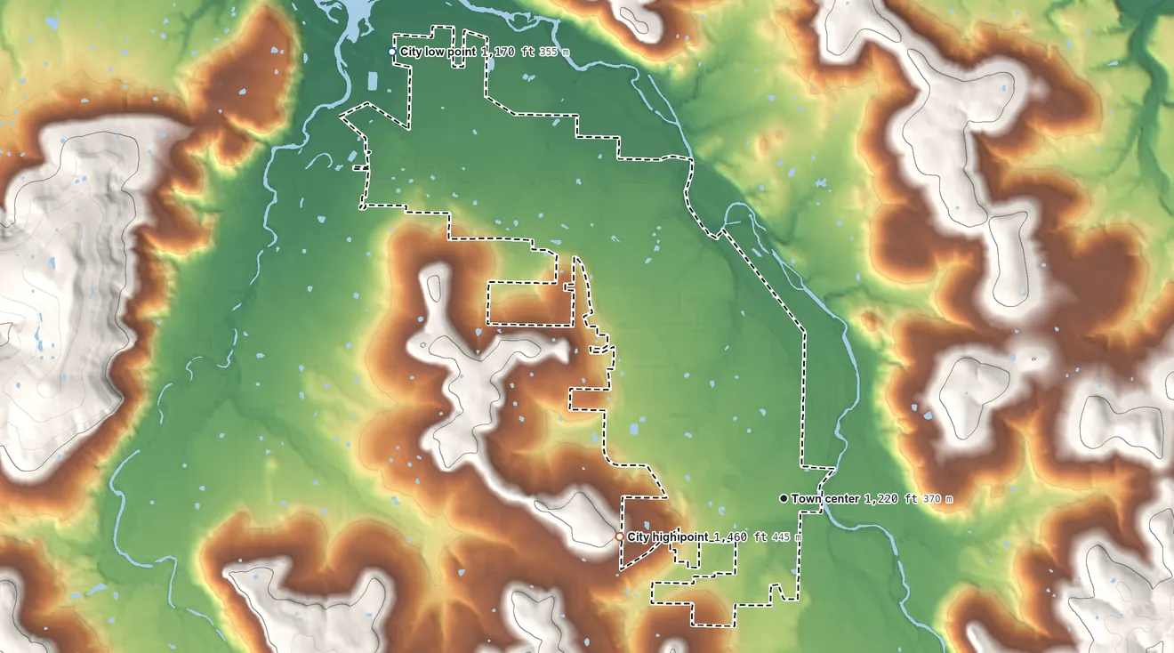 Topographic elevation map of Elkins, Arkansas, shaded from 1,170 ft on the northwest side to 1,460 ft on the west side