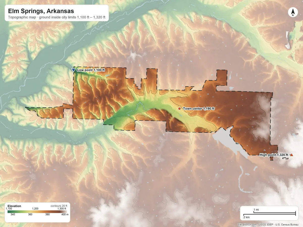 Topographic elevation map of Elm Springs, Arkansas, shaded from 1,100 ft on the west side to 1,320 ft on the east side