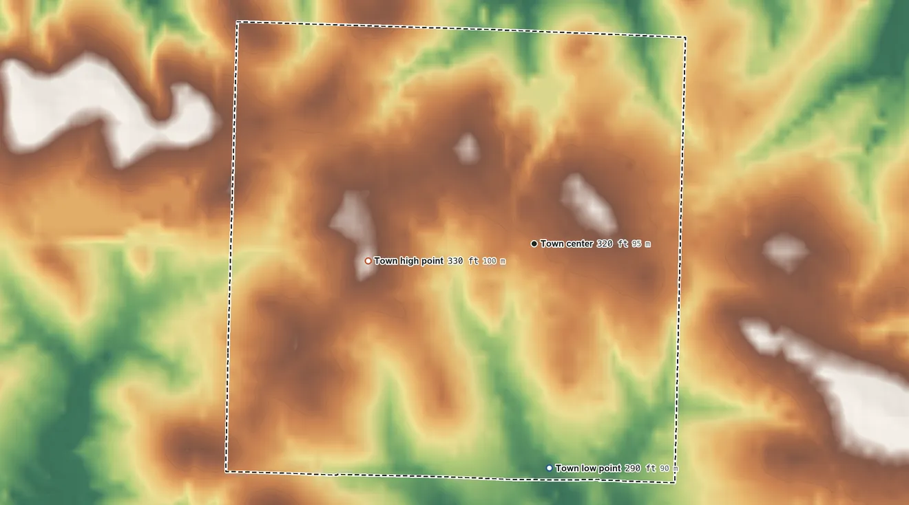 Topographic elevation map of Emerson, Arkansas, shaded from 290 ft on the south side to 330 ft on the west side