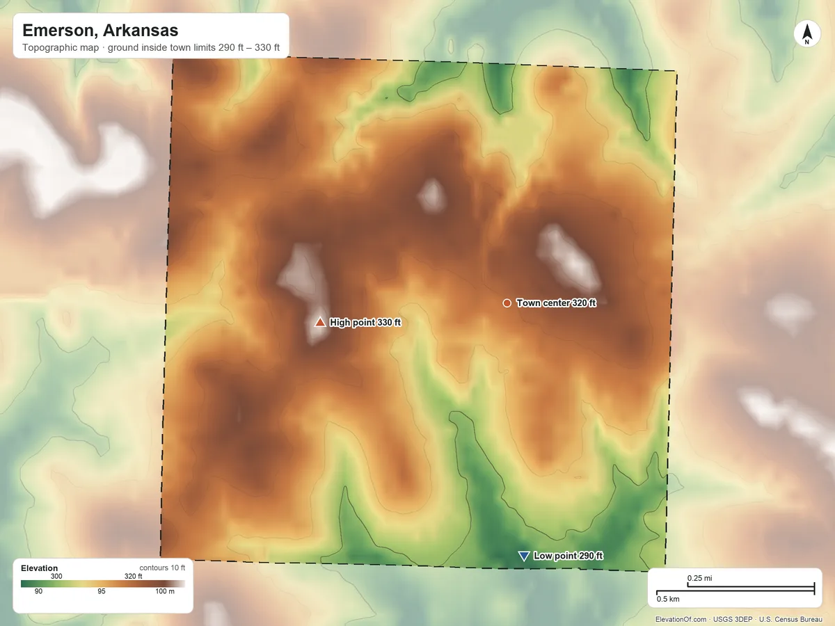 Topographic elevation map of Emerson, Arkansas, shaded from 290 ft on the south side to 330 ft on the west side