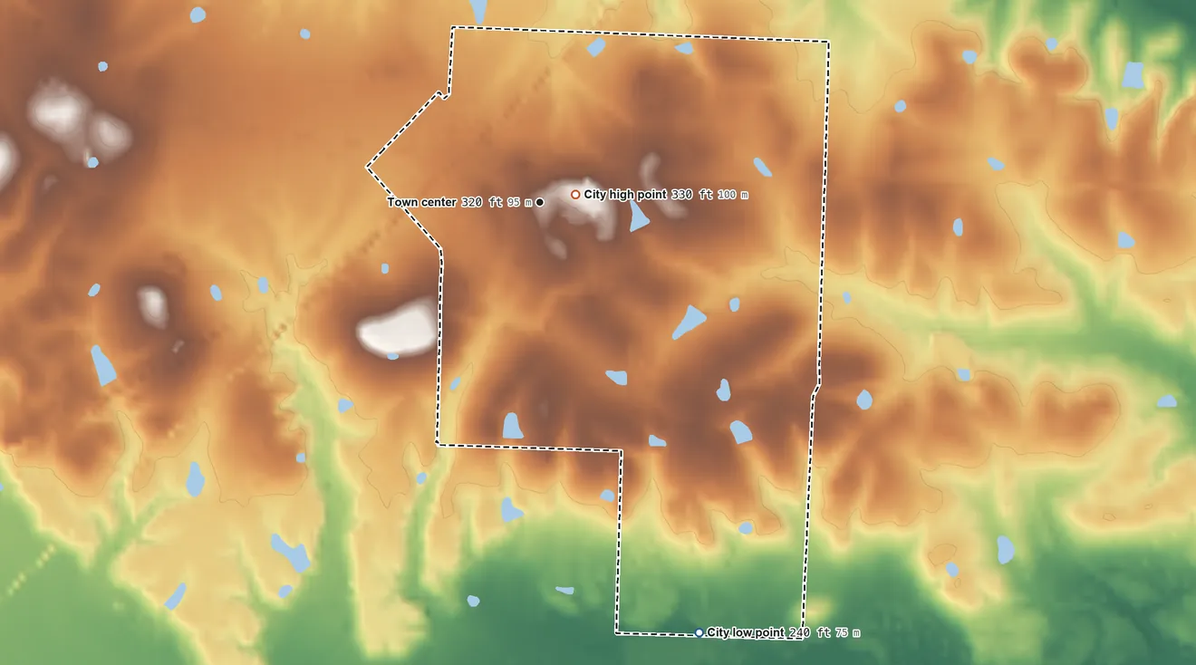 Topographic elevation map of Emmet, Arkansas, shaded from 240 ft on the south side to 330 ft near the middle