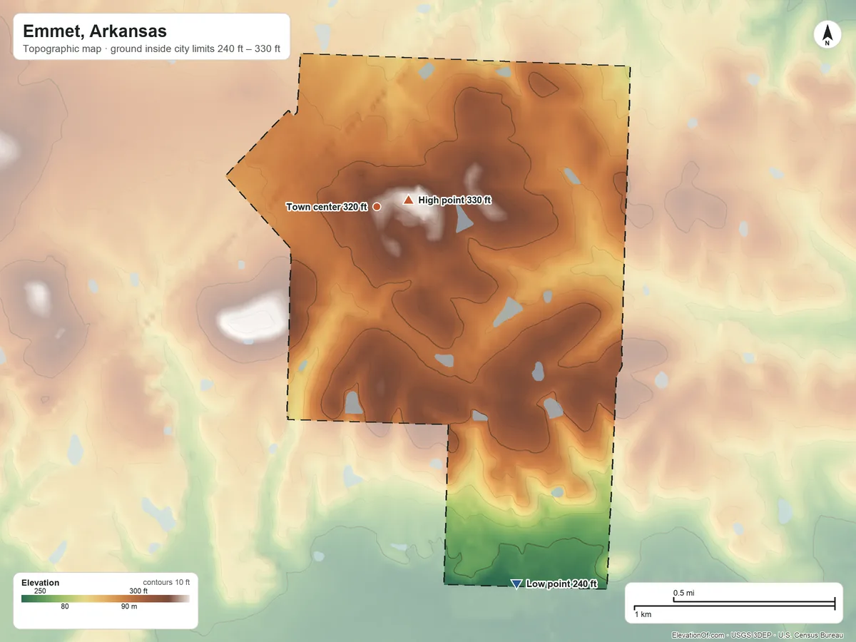 Topographic elevation map of Emmet, Arkansas, shaded from 240 ft on the south side to 330 ft near the middle