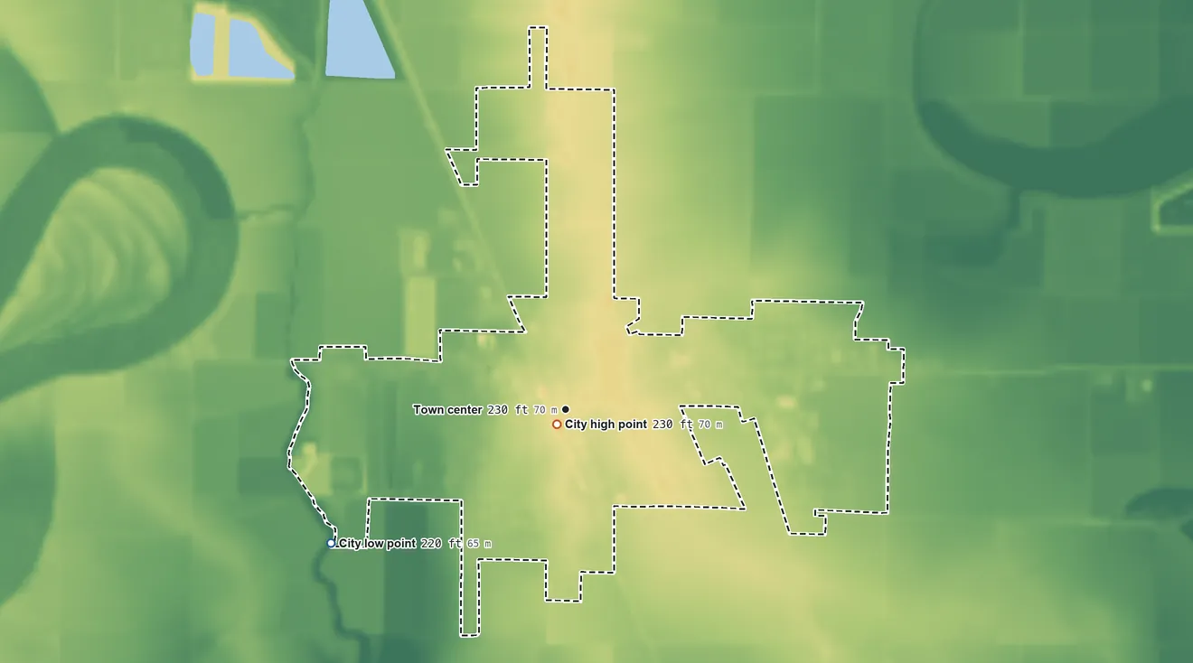 Topographic elevation map of England, Arkansas, shaded from 220 ft on the southwest side to 230 ft near the middle