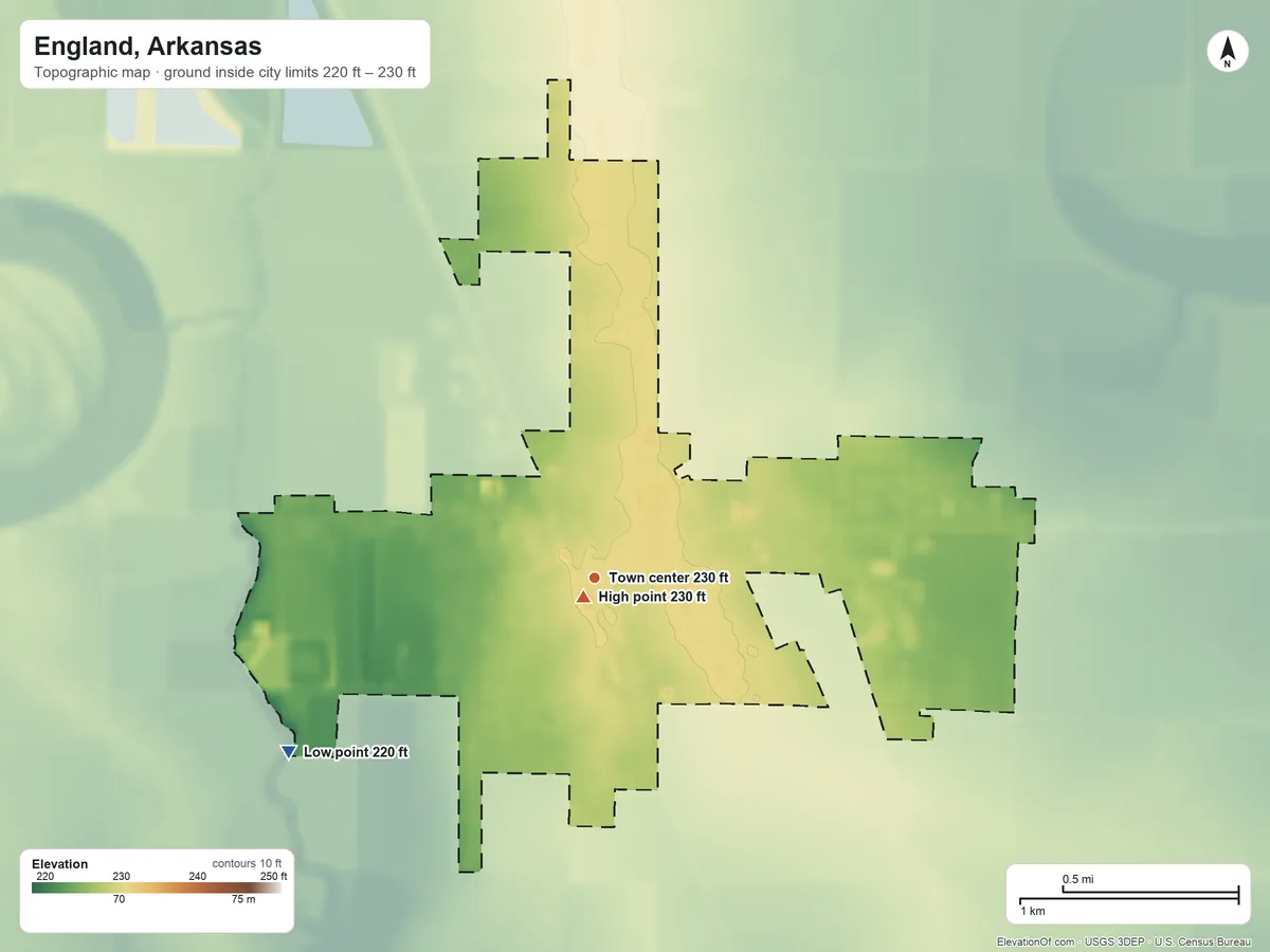 Topographic elevation map of England, Arkansas, shaded from 220 ft on the southwest side to 230 ft near the middle