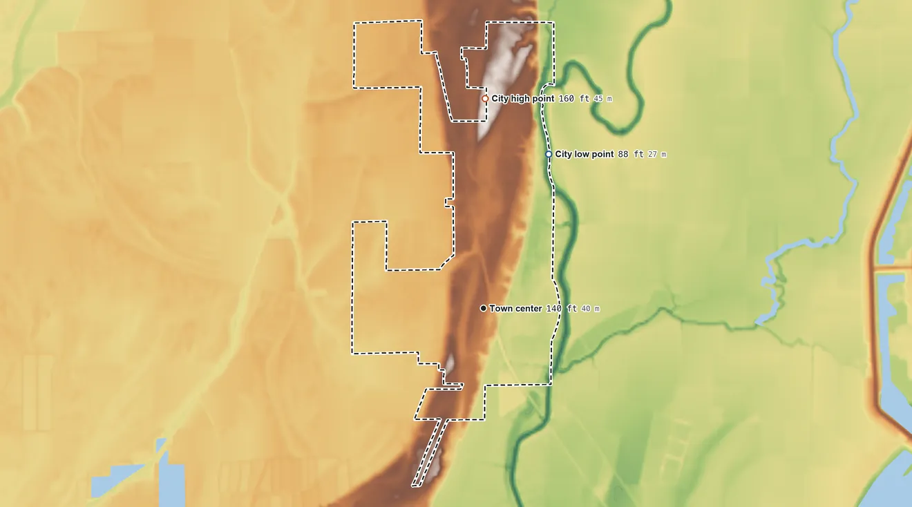 Topographic elevation map of Eudora, Arkansas, shaded from 88 ft on the northeast side to 160 ft on the north side