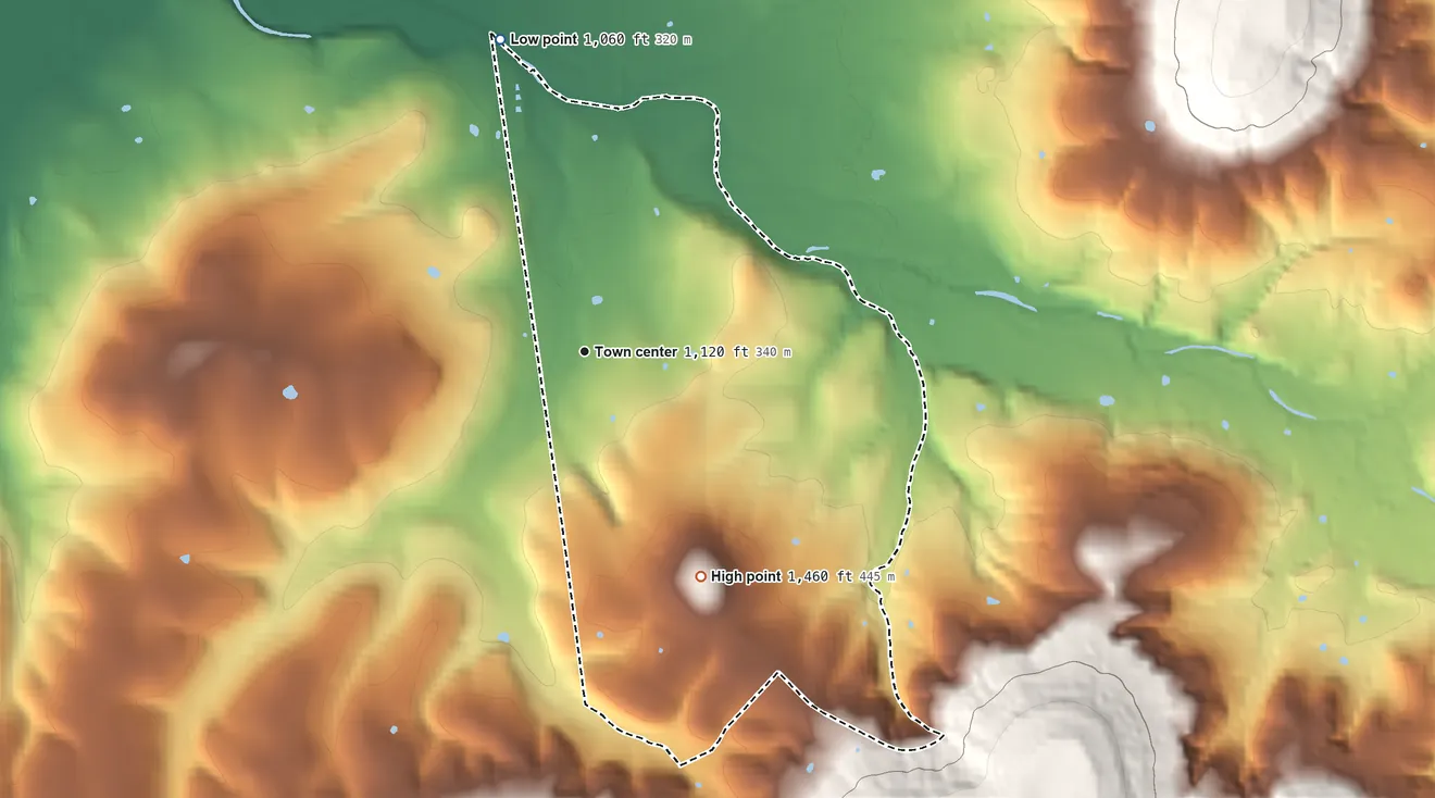 Topographic elevation map of Evansville, Arkansas, shaded from 1,060 ft on the north side to 1,460 ft on the southeast side