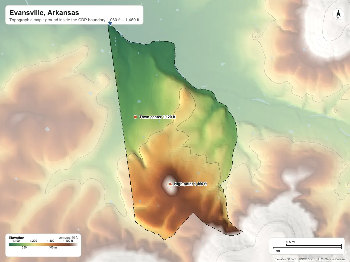 Topographic elevation map of Evansville, Arkansas, shaded from 1,060 ft on the north side to 1,460 ft on the southeast side