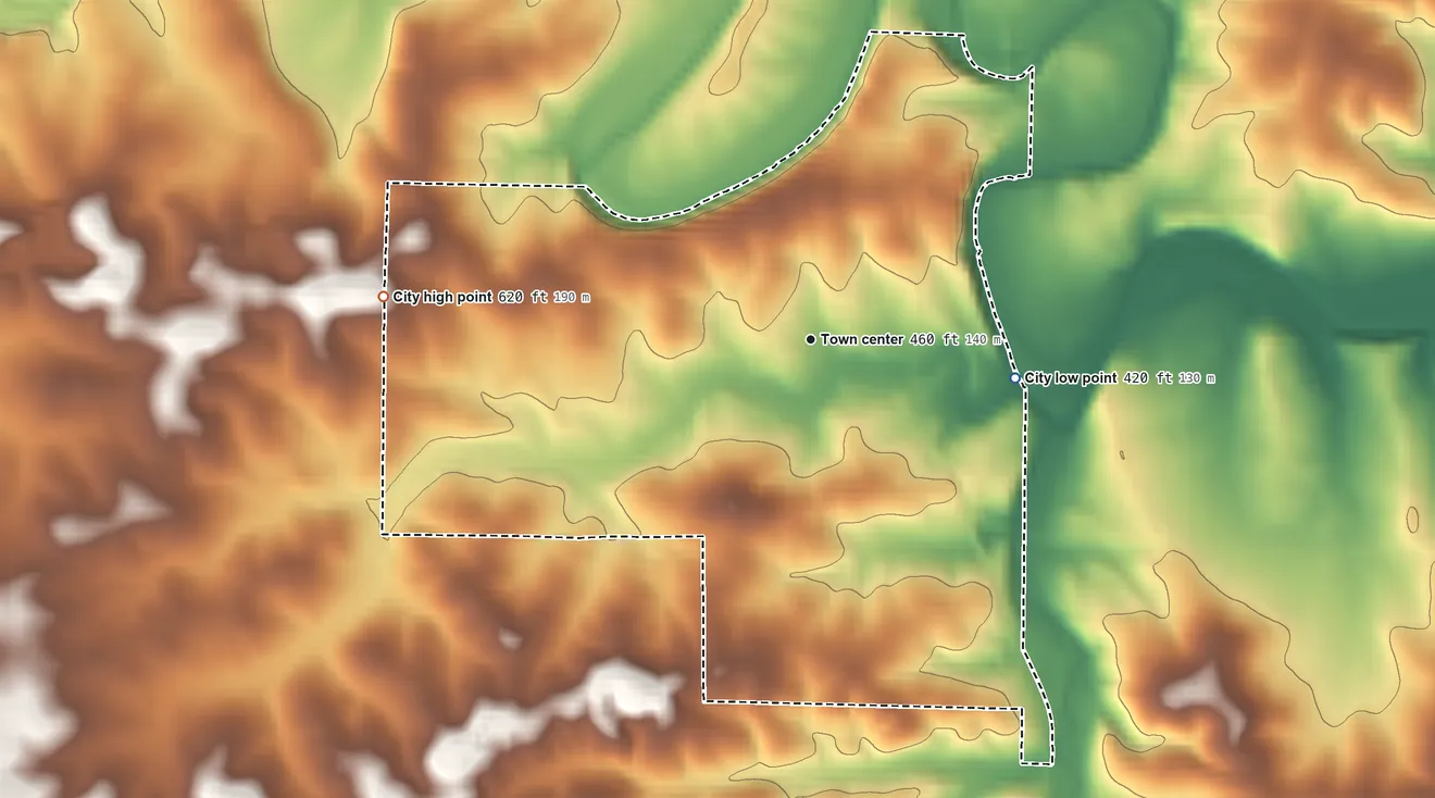 Topographic elevation map of Evening Shade, Arkansas, shaded from 420 ft on the east side to 620 ft on the west side