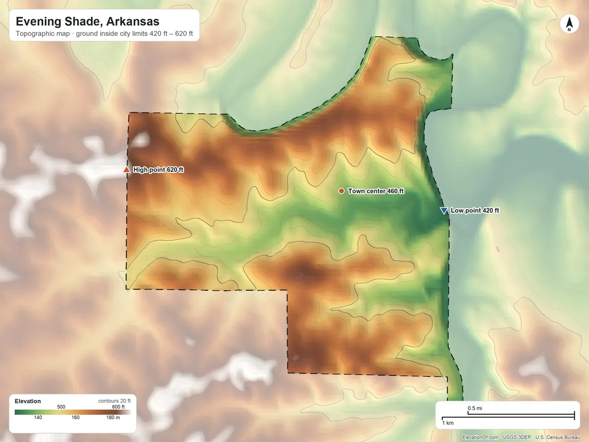 Topographic elevation map of Evening Shade, Arkansas, shaded from 420 ft on the east side to 620 ft on the west side