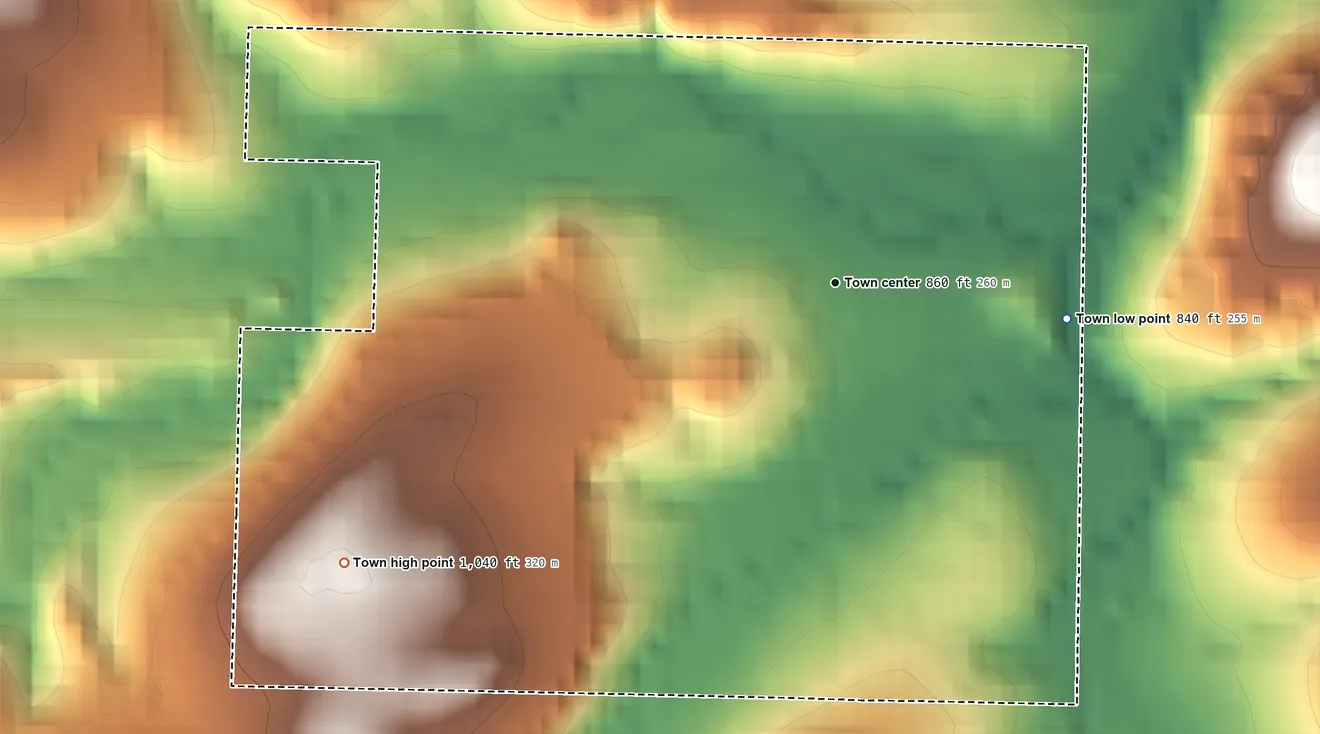 Topographic elevation map of Everton, Arkansas, shaded from 840 ft on the east side to 1,040 ft on the southwest side