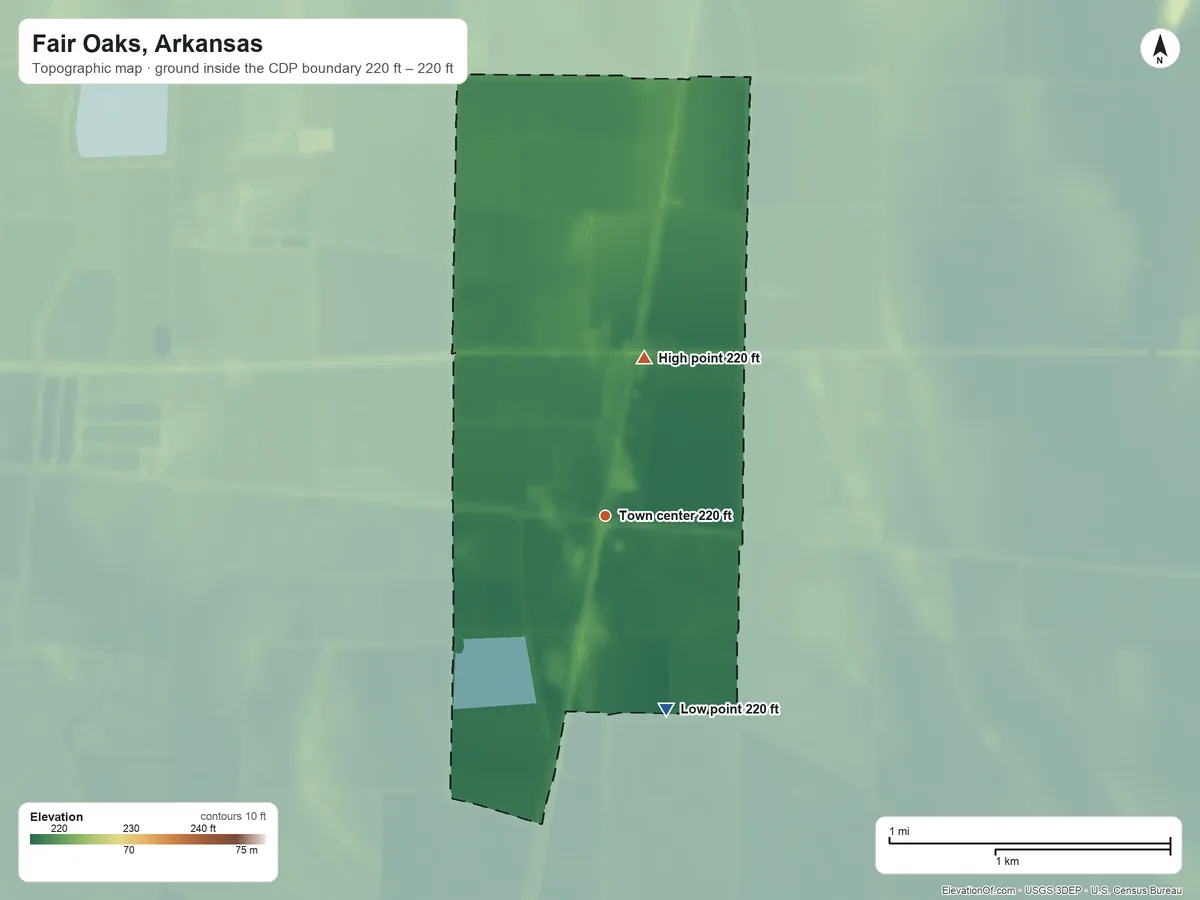 Topographic elevation map of Fair Oaks, Arkansas, shaded from 220 ft on the south side to 220 ft on the north side