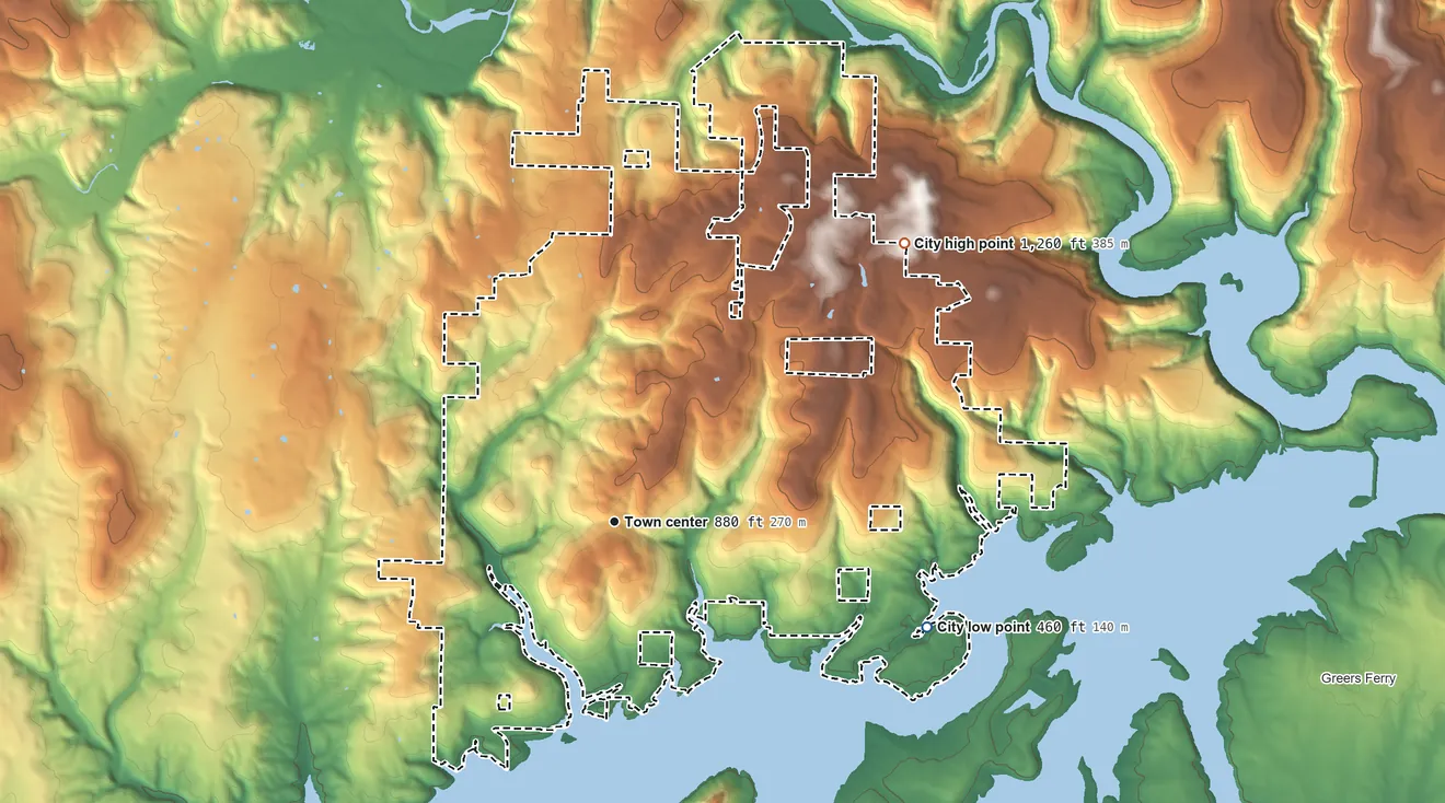 Topographic elevation map of Fairfield Bay, Arkansas, shaded from 460 ft on the east side to 1,260 ft on the northeast side