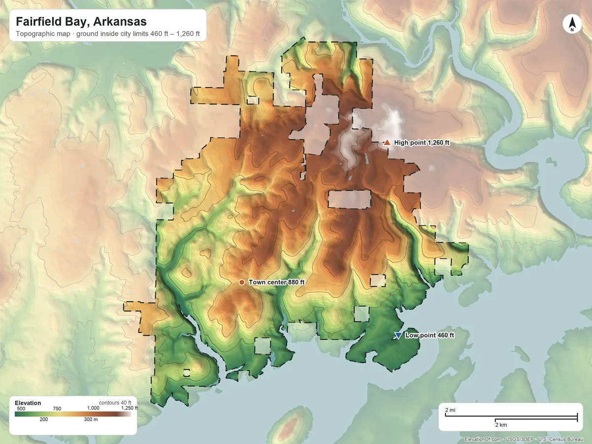 Topographic elevation map of Fairfield Bay, Arkansas, shaded from 460 ft on the east side to 1,260 ft on the northeast side