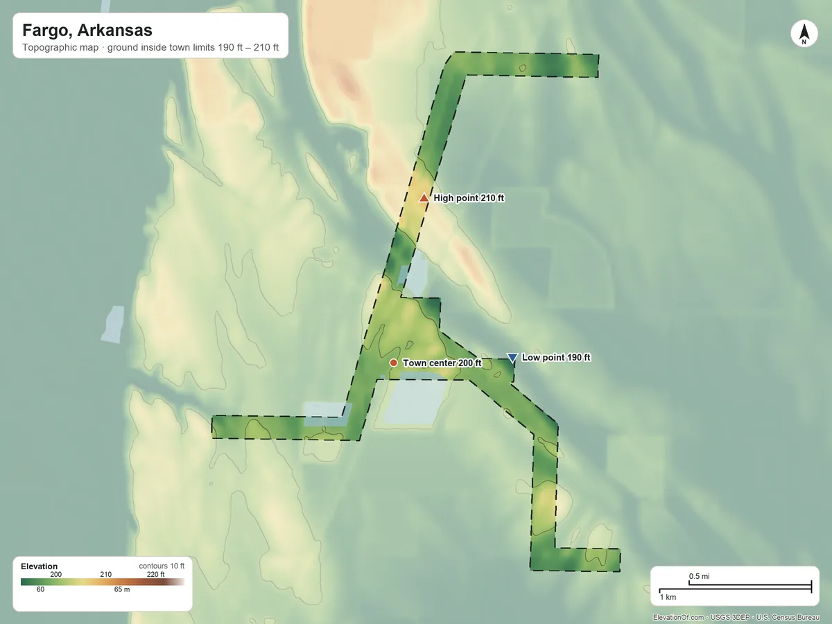 Topographic elevation map of Fargo, Arkansas, shaded from 190 ft on the east side to 210 ft on the north side