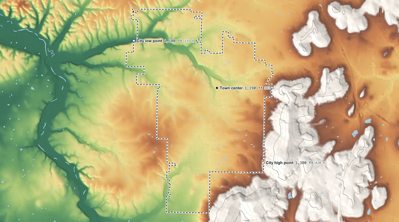 Topographic elevation map of Farmington, Arkansas, shaded from 1,100 ft on the northwest side to 1,380 ft on the southeast edge, below higher ground just outside