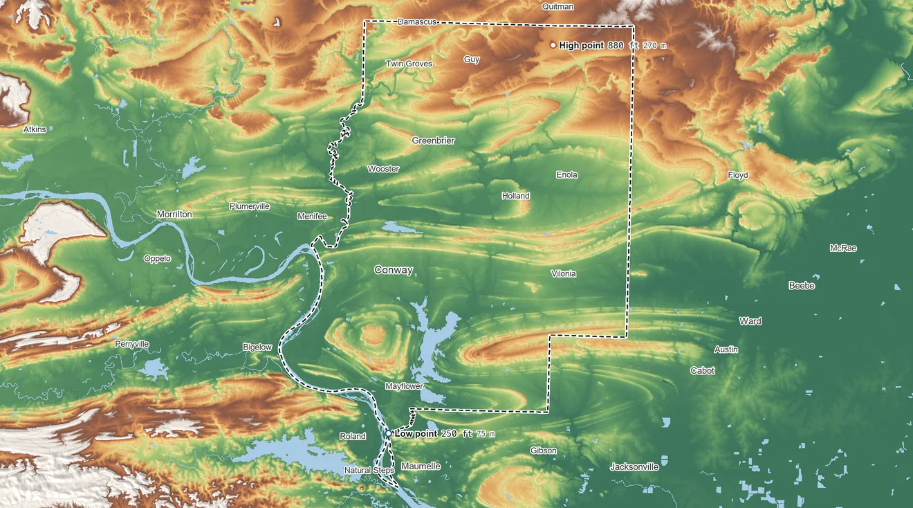 Topographic elevation map of Faulkner County, Arkansas, shaded from 250 ft on the south side to 880 ft on Buffalo Hump