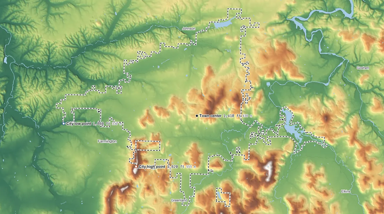 Topographic elevation map of Fayetteville, Arkansas, shaded from 1,080 ft on the west side to 1,820 ft on the southwest edge, below higher ground just outside