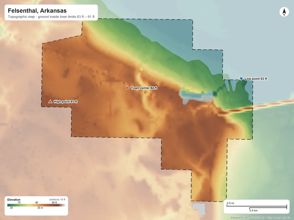 Topographic elevation map of Felsenthal, Arkansas, shaded from 63 ft on the east side to 91 ft on the west side