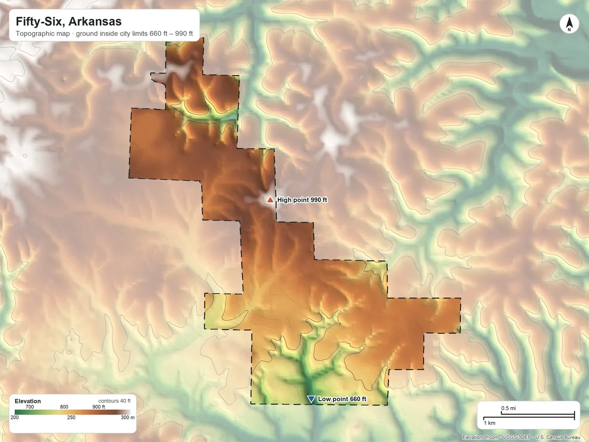 Topographic elevation map of Fifty-Six, Arkansas, shaded from 660 ft on the south side to 990 ft on the north side