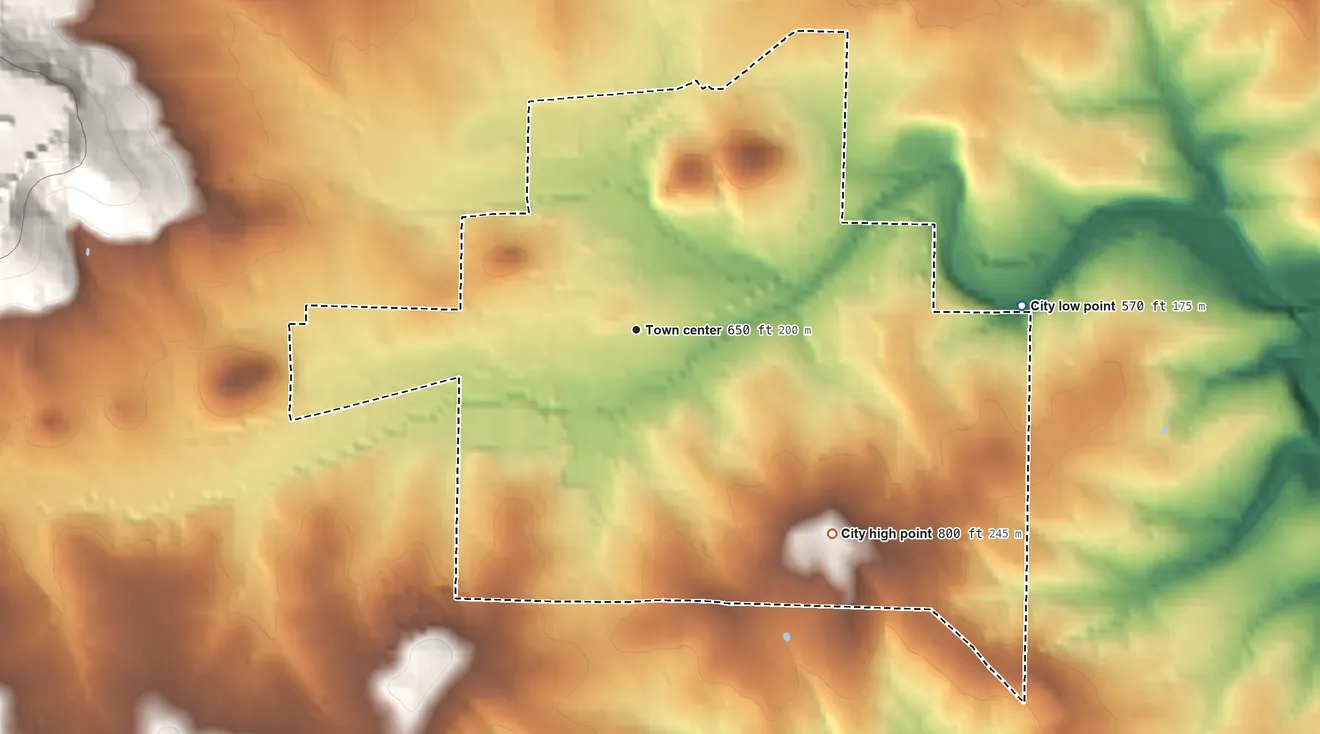 Topographic elevation map of Flippin, Arkansas, shaded from 570 ft on the east side to 800 ft on the southeast side