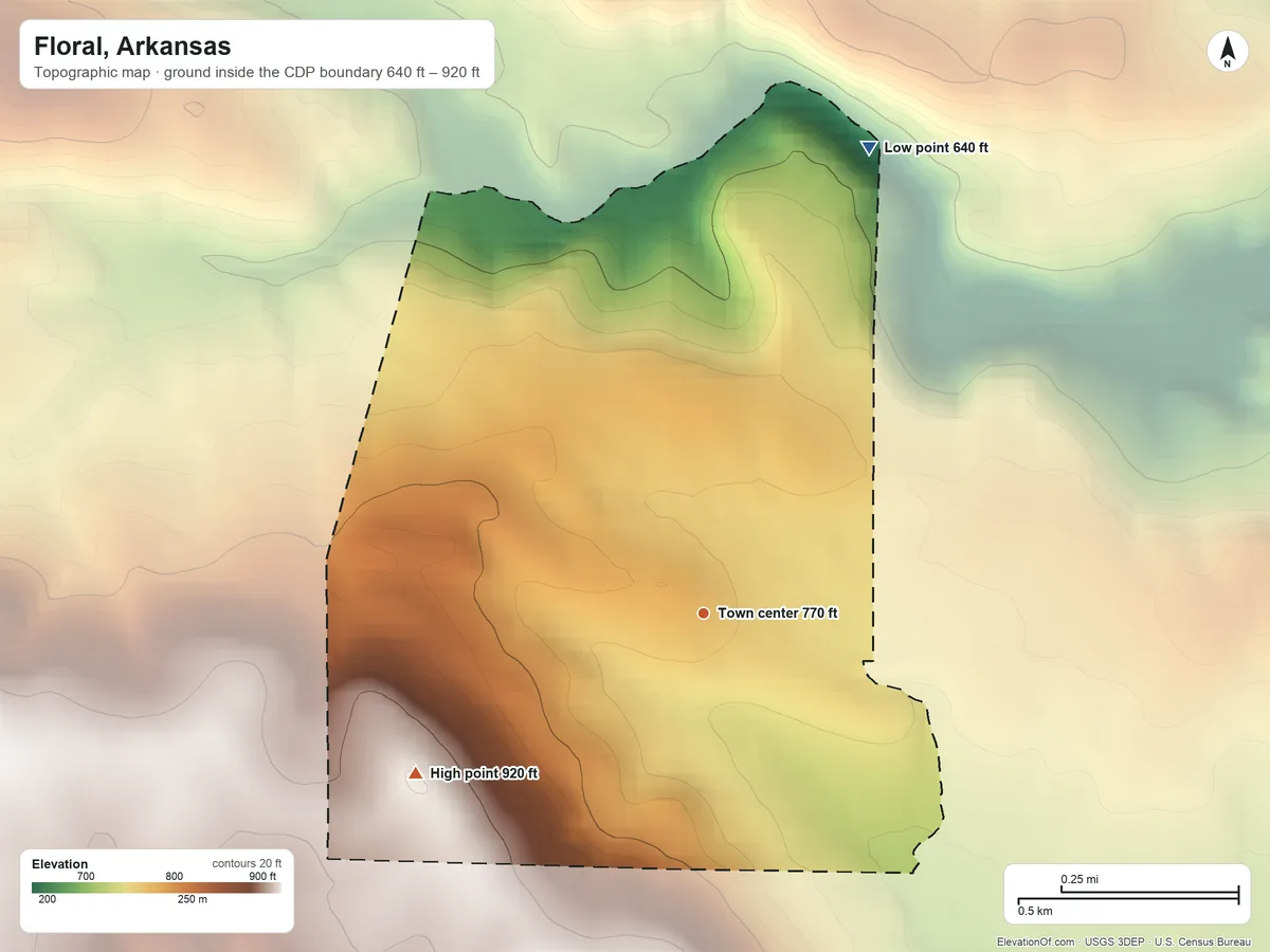 Topographic elevation map of Floral, Arkansas, shaded from 640 ft on the north side to 920 ft on the southwest side