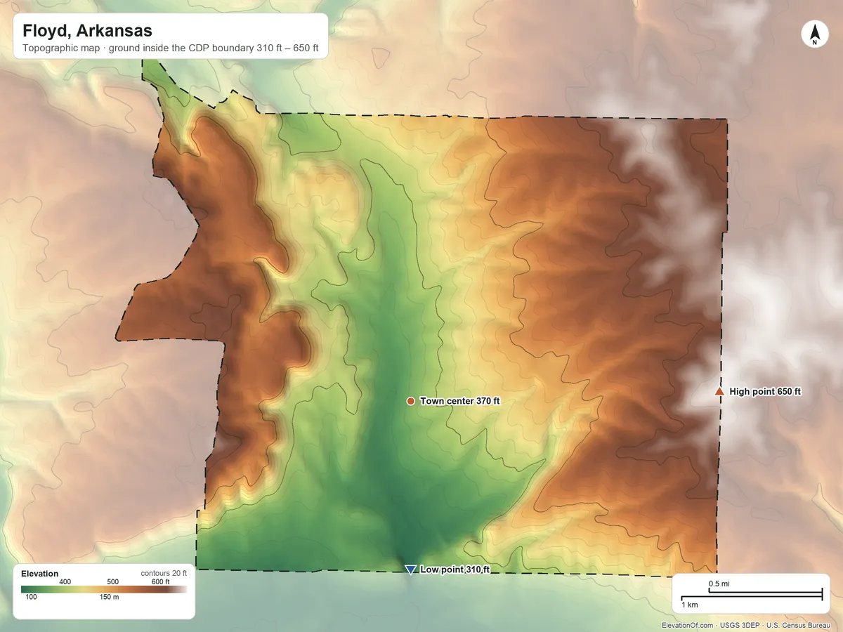 Topographic elevation map of Floyd, Arkansas, shaded from 310 ft on the south side to 650 ft on the east side
