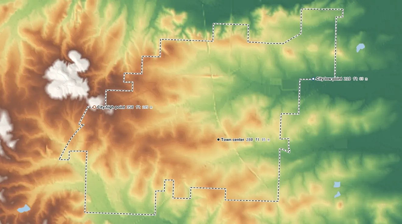 Topographic elevation map of Fordyce, Arkansas, shaded from 210 ft on the northeast side to 350 ft on the west side