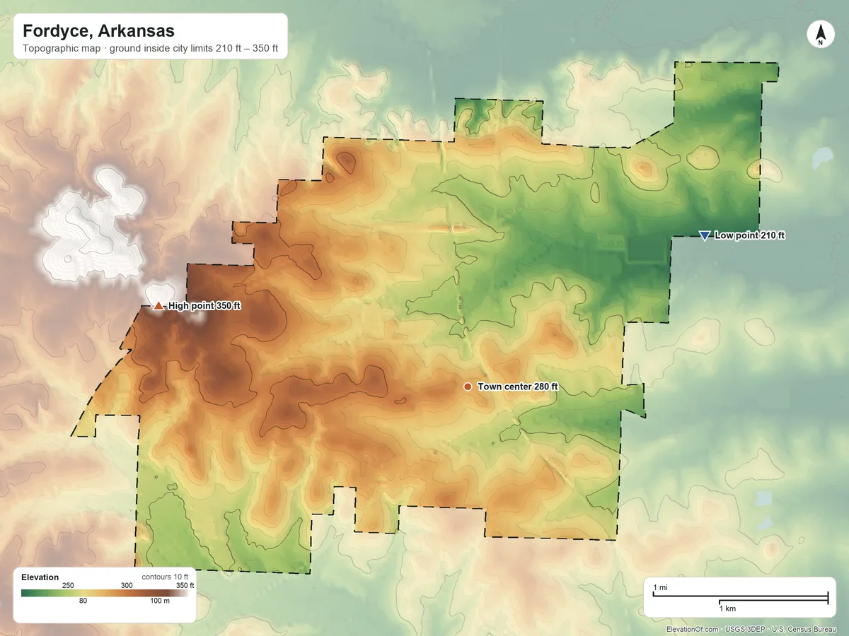 Topographic elevation map of Fordyce, Arkansas, shaded from 210 ft on the northeast side to 350 ft on the west side