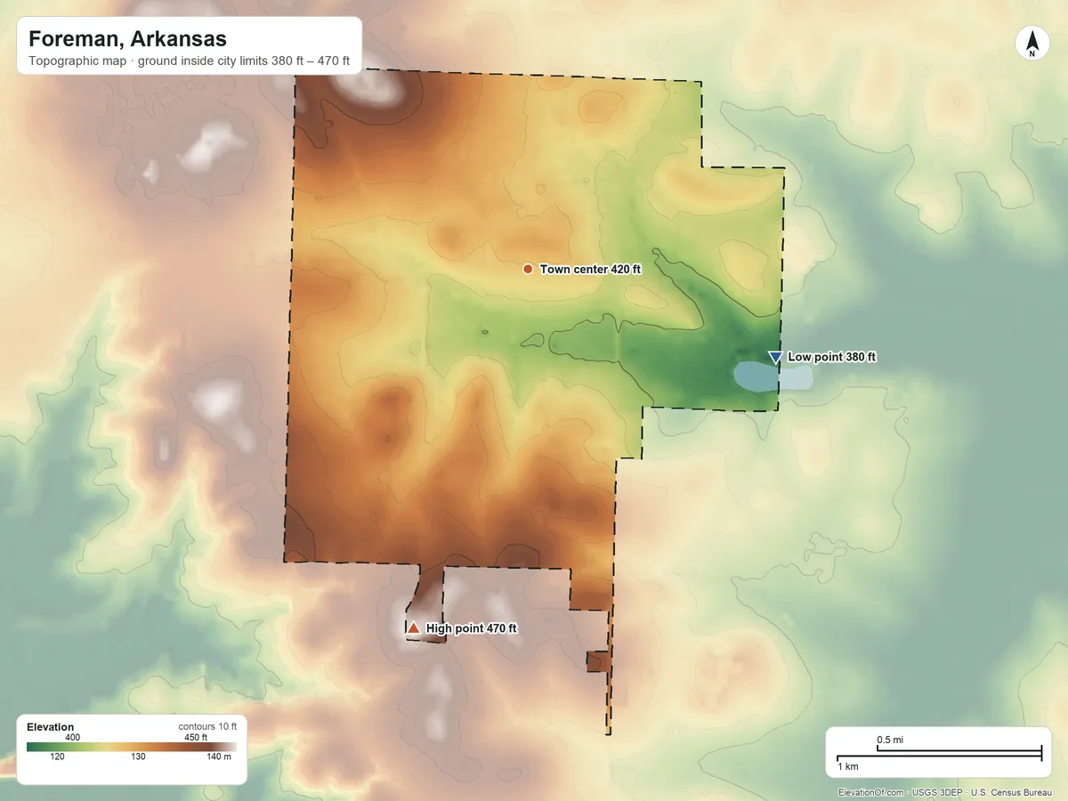 Topographic elevation map of Foreman, Arkansas, shaded from 380 ft on the east side to 470 ft on the south side