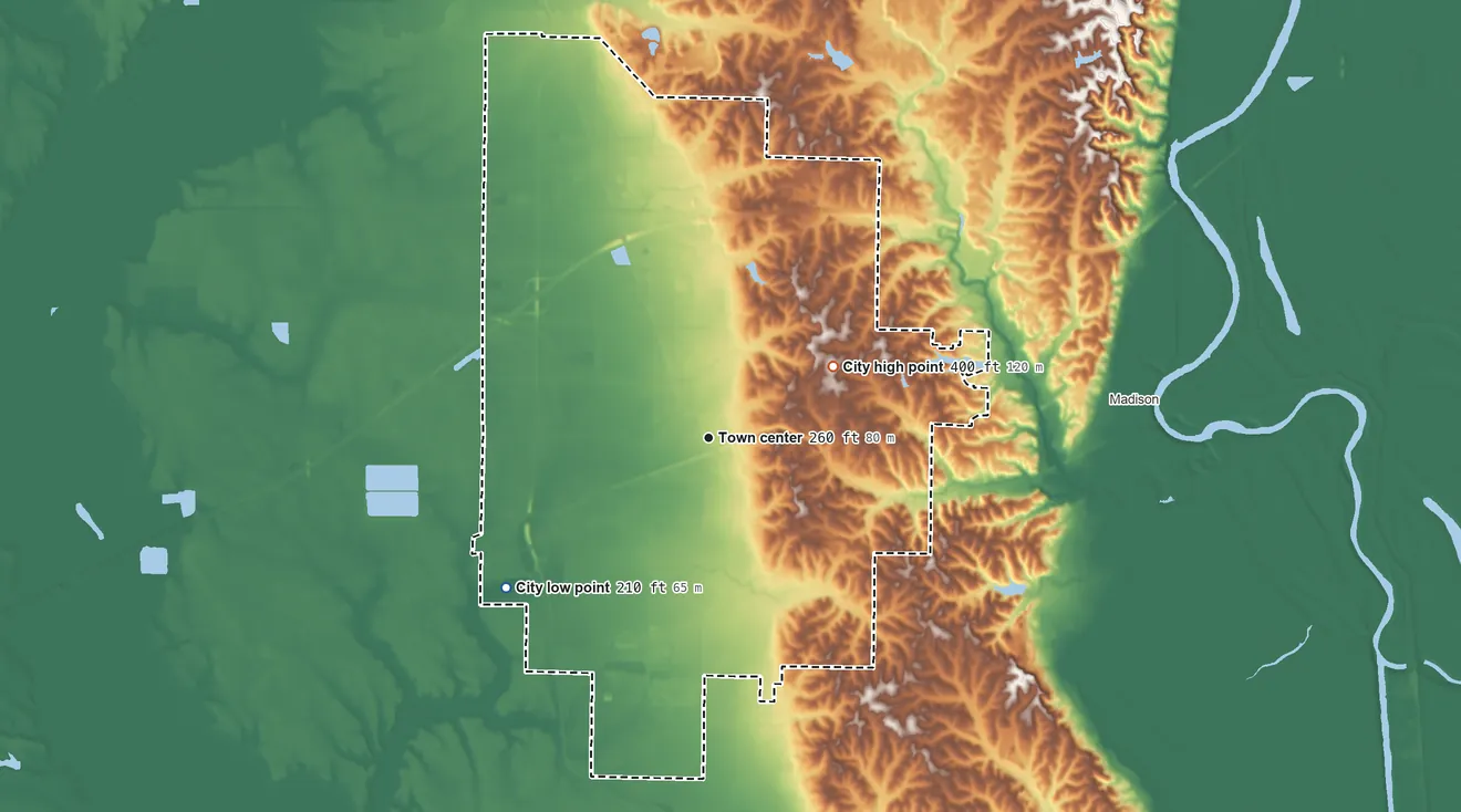 Topographic elevation map of Forrest City, Arkansas, shaded from 210 ft on the southwest side to 400 ft on the northeast side