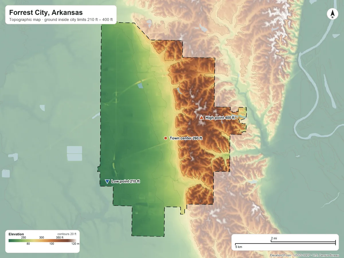 Topographic elevation map of Forrest City, Arkansas, shaded from 210 ft on the southwest side to 400 ft on the northeast side