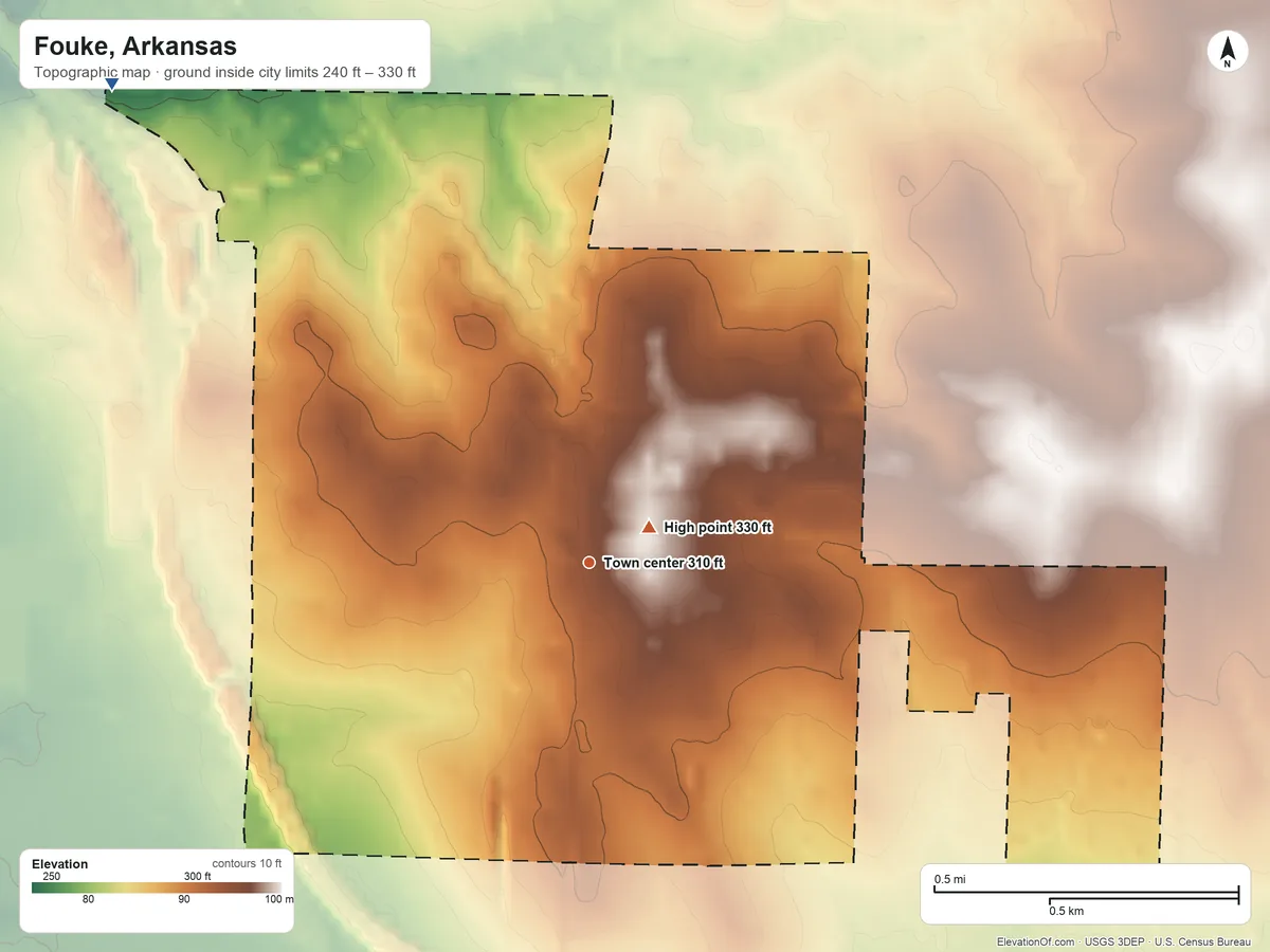Topographic elevation map of Fouke, Arkansas, shaded from 240 ft on the northwest side to 330 ft near the middle