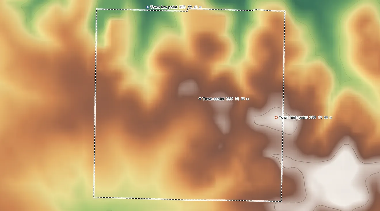 Topographic elevation map of Fountain Hill, Arkansas, shaded from 150 ft on the northwest side to 200 ft on the east side