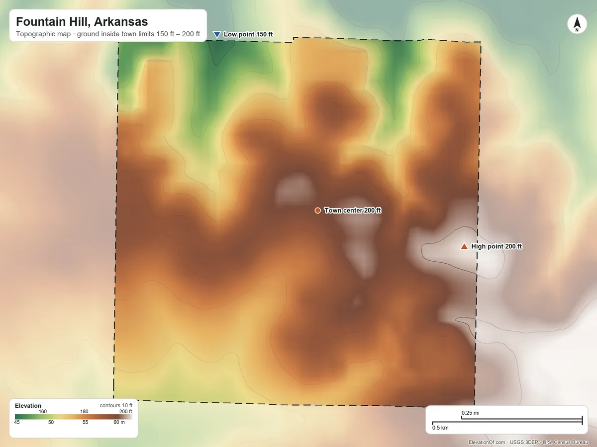 Topographic elevation map of Fountain Hill, Arkansas, shaded from 150 ft on the northwest side to 200 ft on the east side
