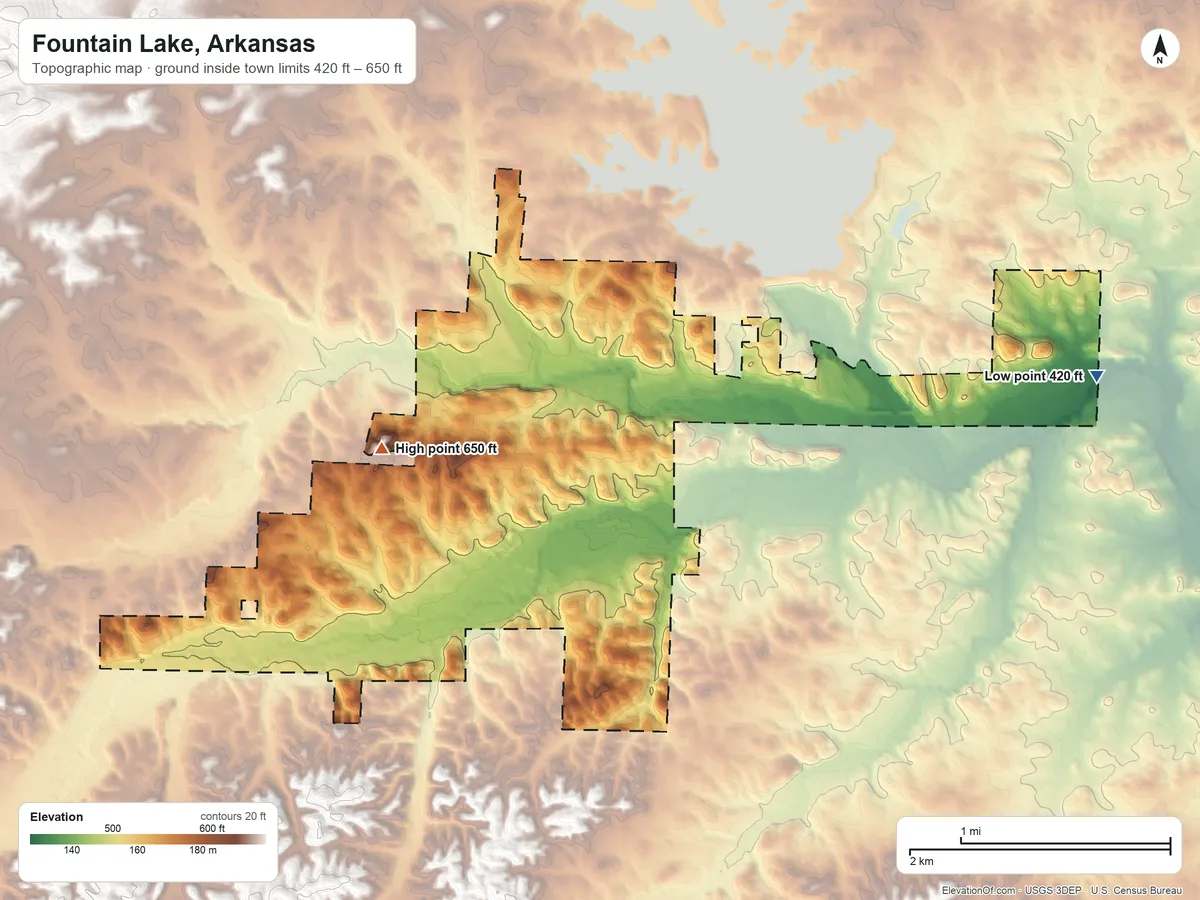 Topographic elevation map of Fountain Lake, Arkansas, shaded from 420 ft on the east side to 650 ft on the northwest side