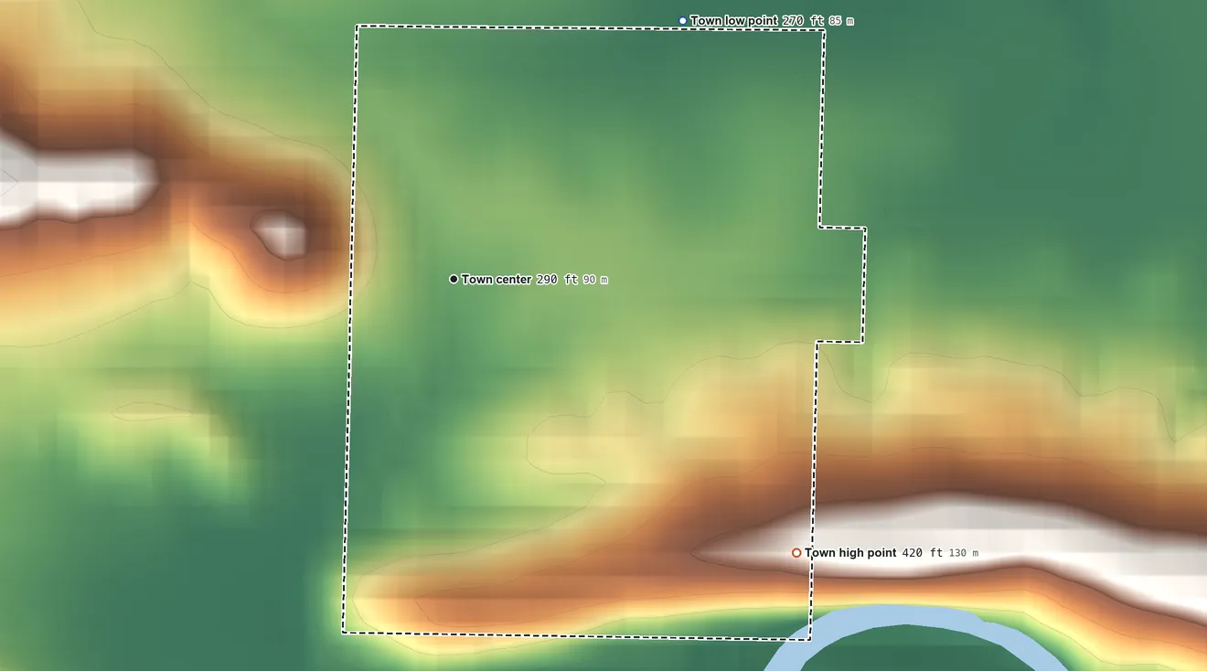 Topographic elevation map of Fourche, Arkansas, shaded from 270 ft on the northeast side to 420 ft on the southeast edge, below higher ground just outside