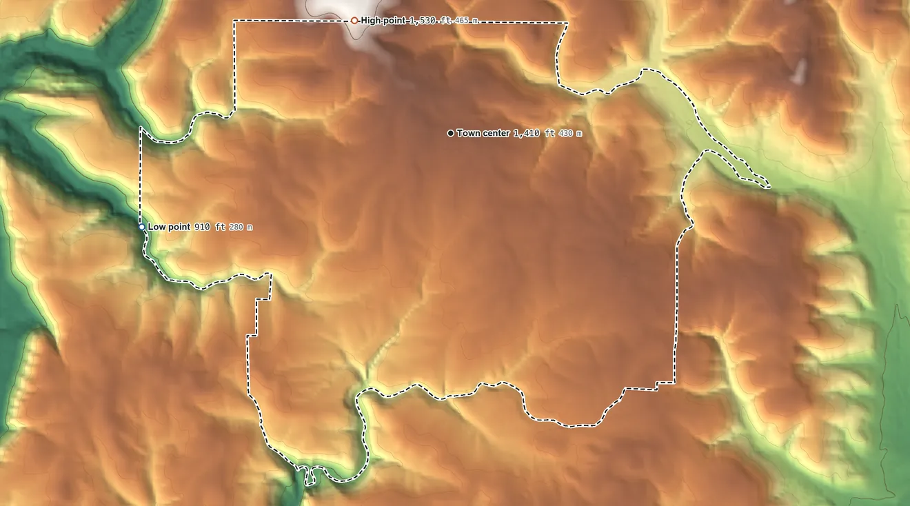 Topographic elevation map of Fox, Arkansas, shaded from 910 ft on the west side to 1,530 ft on the northwest side