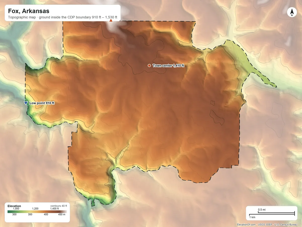 Topographic elevation map of Fox, Arkansas, shaded from 910 ft on the west side to 1,530 ft on the northwest side