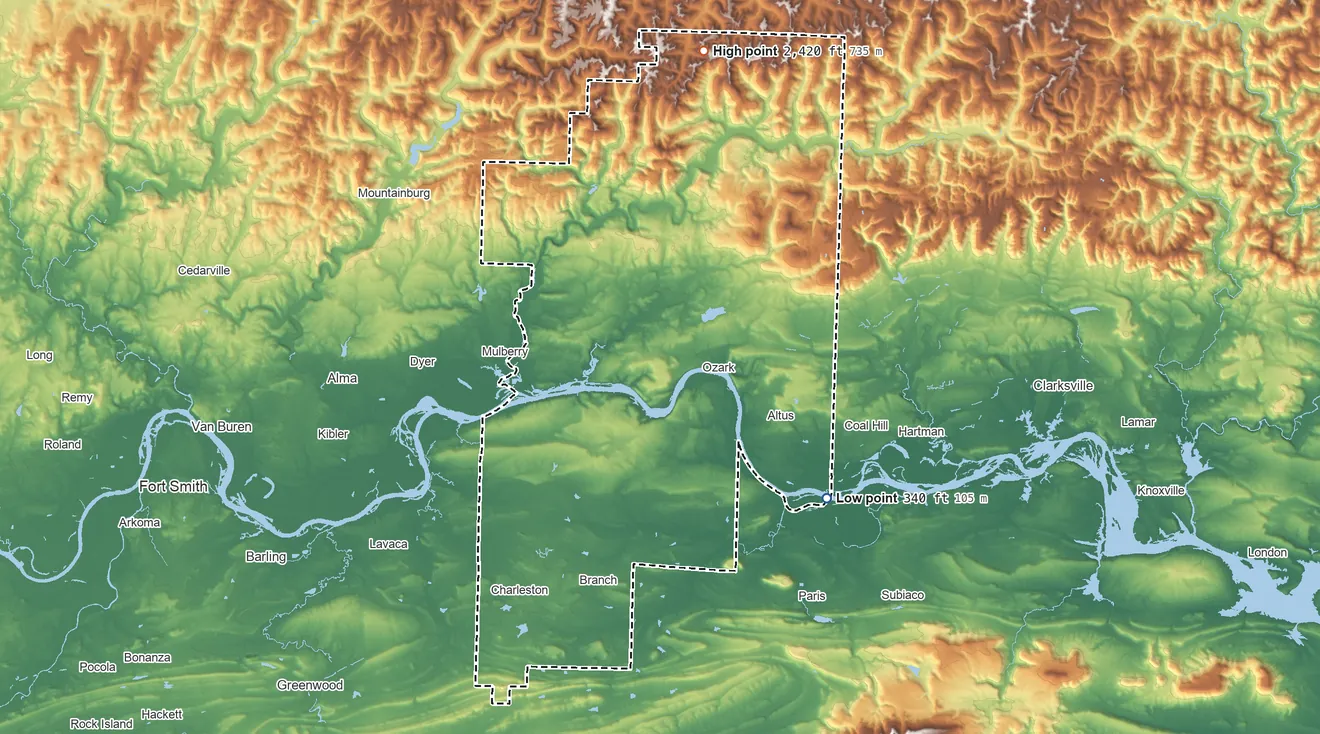 Topographic elevation map of Franklin County, Arkansas, shaded from 340 ft on the southeast side to 2,420 ft on Whiting Mountain