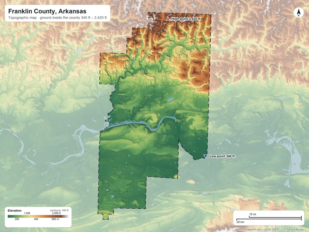 Topographic elevation map of Franklin County, Arkansas, shaded from 340 ft on the southeast side to 2,420 ft on Whiting Mountain