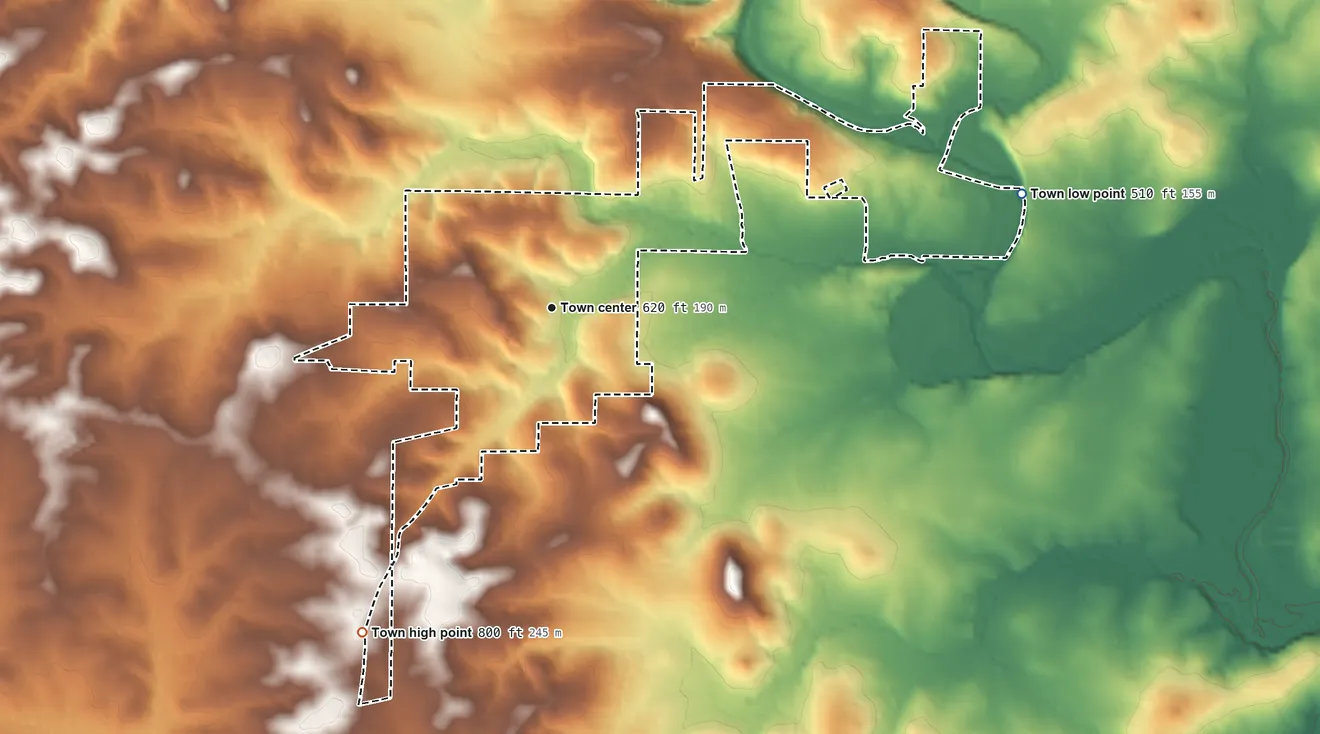 Topographic elevation map of Franklin, Arkansas, shaded from 510 ft on the east side to 800 ft on the southwest side