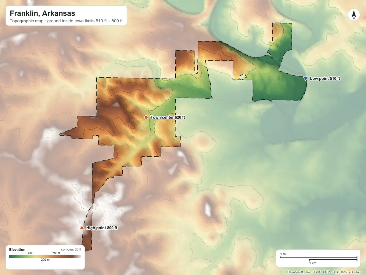 Topographic elevation map of Franklin, Arkansas, shaded from 510 ft on the east side to 800 ft on the southwest side