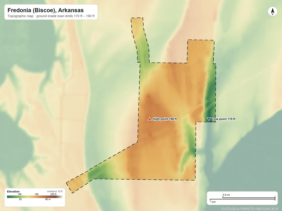 Topographic elevation map of Fredonia (Biscoe), Arkansas, shaded from 170 ft on the east side to 190 ft near the middle