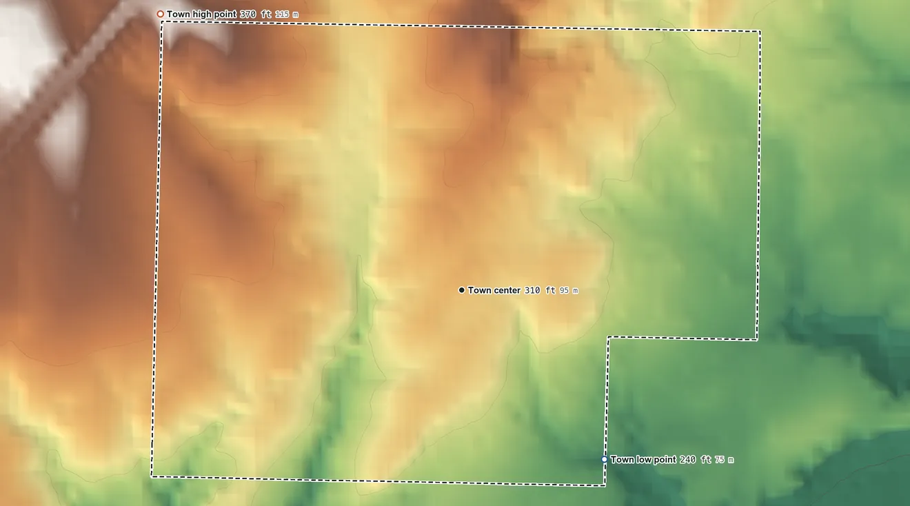 Topographic elevation map of Friendship, Arkansas, shaded from 240 ft on the southeast side to 370 ft on the northwest side