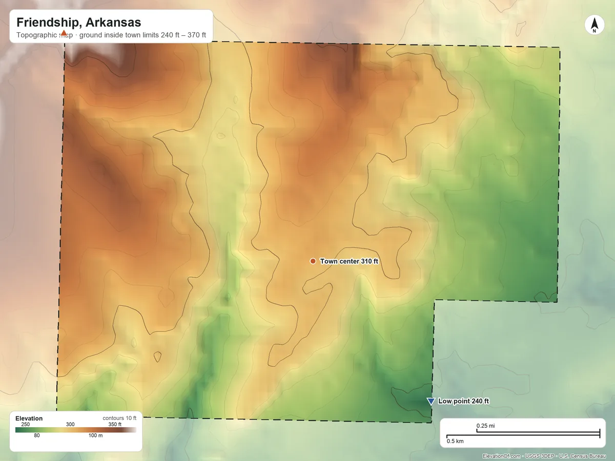 Topographic elevation map of Friendship, Arkansas, shaded from 240 ft on the southeast side to 370 ft on the northwest side