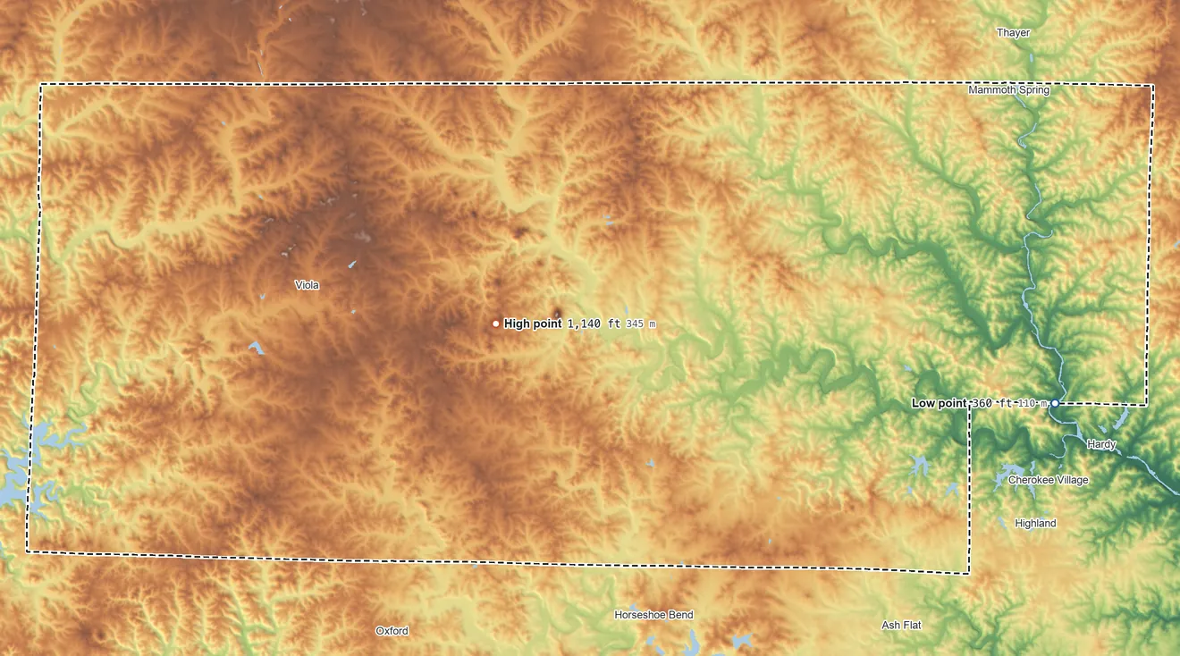 Topographic elevation map of Fulton County, Arkansas, shaded from 360 ft on the east side to 1,140 ft on Wallace Knob