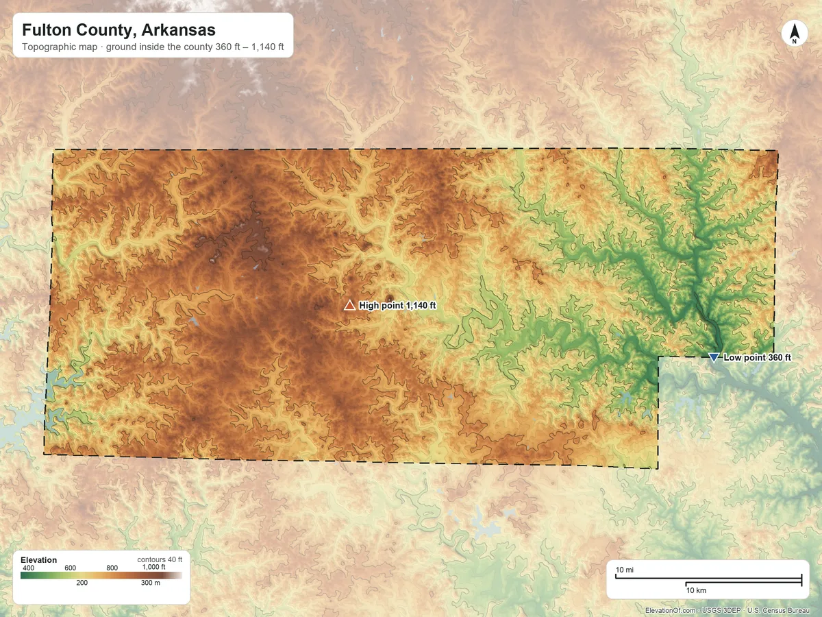 Topographic elevation map of Fulton County, Arkansas, shaded from 360 ft on the east side to 1,140 ft on Wallace Knob