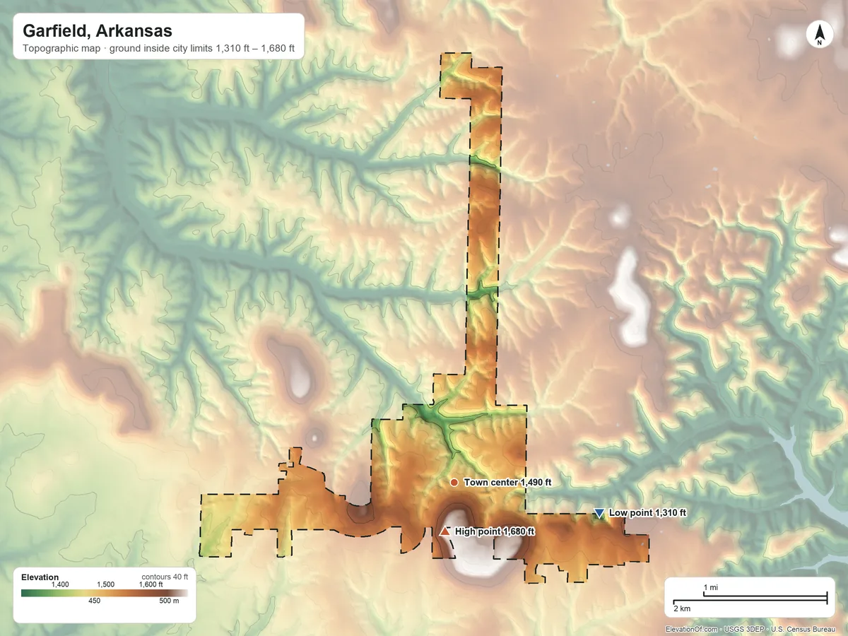 Topographic elevation map of Garfield, Arkansas, shaded from 1,310 ft on the east side to 1,680 ft near the middle
